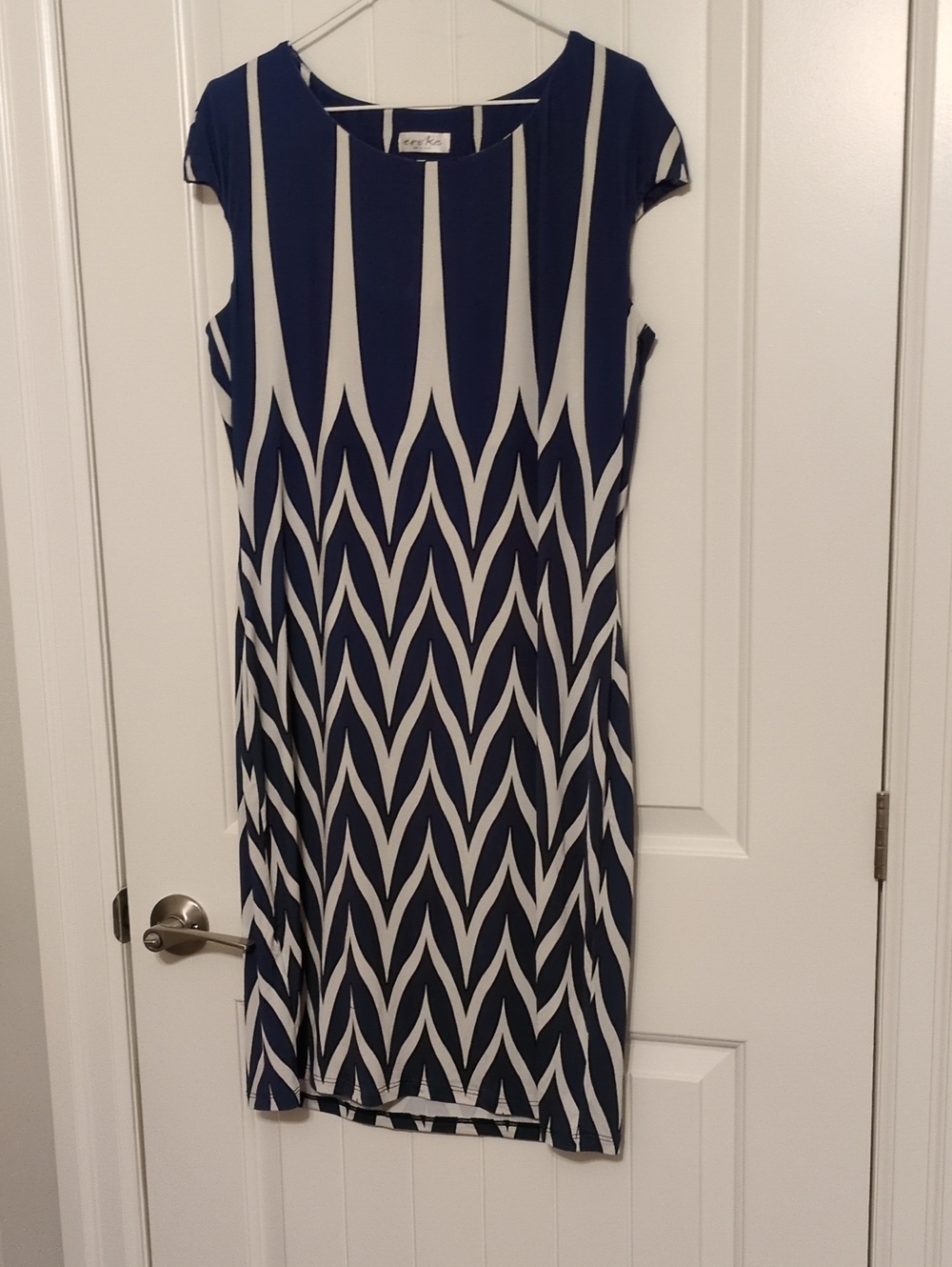 Cap Sleeve Navy and White Geometric Midi Dress